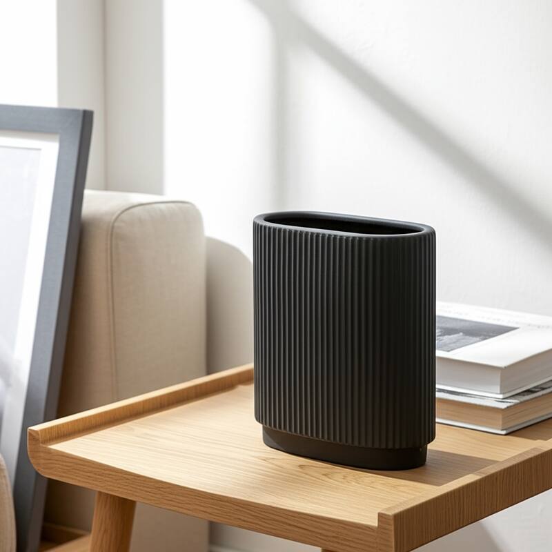 Ceramic Modern Ridged Decorative Vase - Black, 8"