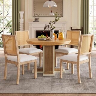 5 Piece Extendable Round Dining Table Set Solid Wood Rattan Chairs ...