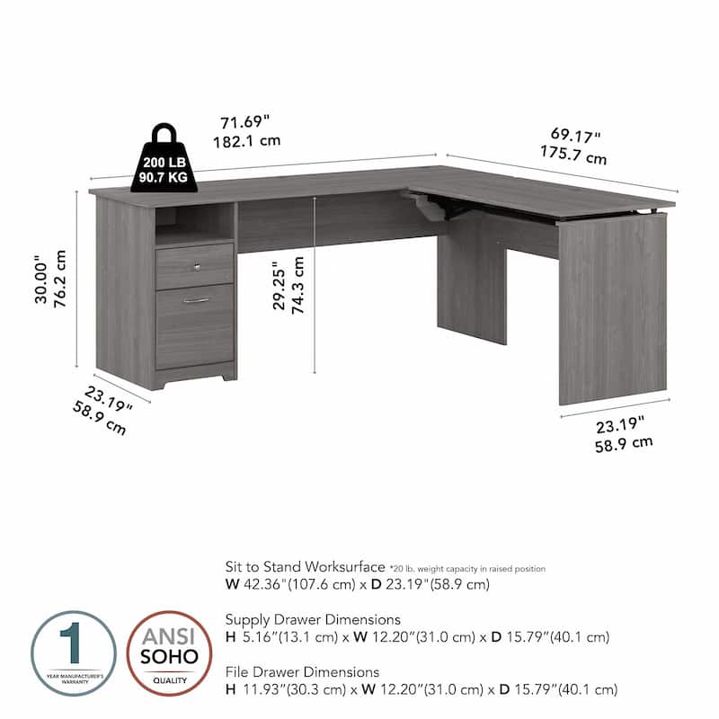 72W 3-position L-shaped Sit to Stand Desk by Bush Furniture