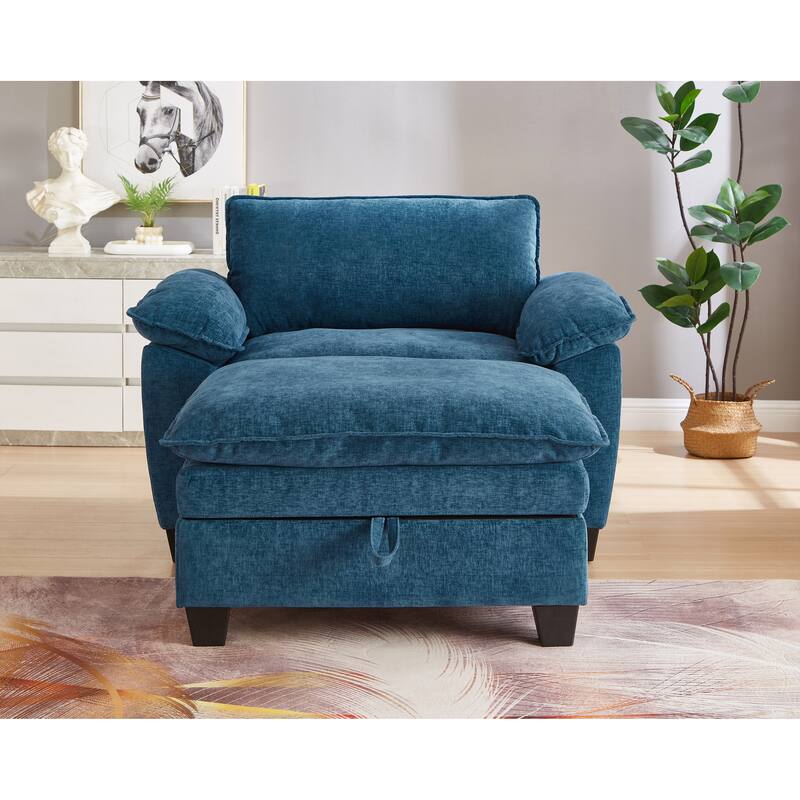 Cloud Lazy Chaise Lounge, Single Sofa Chair & Storage Ottoman Set of 2, Oversize Chenille Upholstered Lounge Sleeper Sofa