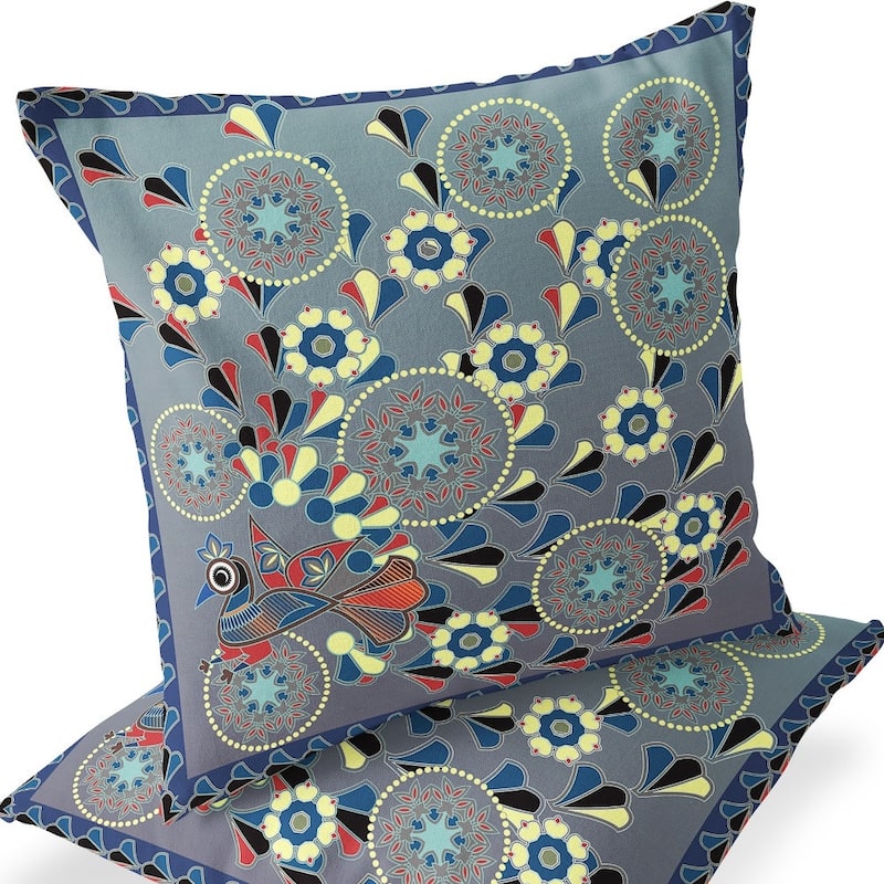 HomeRoots Set of Two 16" X 16" Gray and Blue Peacock Blown Seam Floral Indoor Outdoor Throw Pillow - 16.00' X '16.00' X '5.00