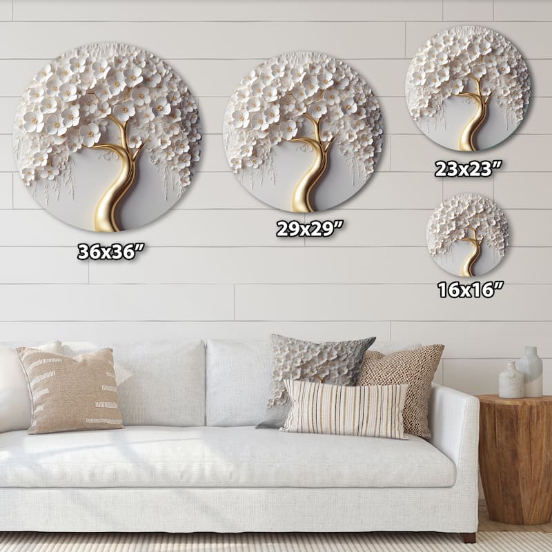Designart "White Orchid Tree Garden Of Branches VIII" Tree Floral Metal Round Wall Art Print On Metal