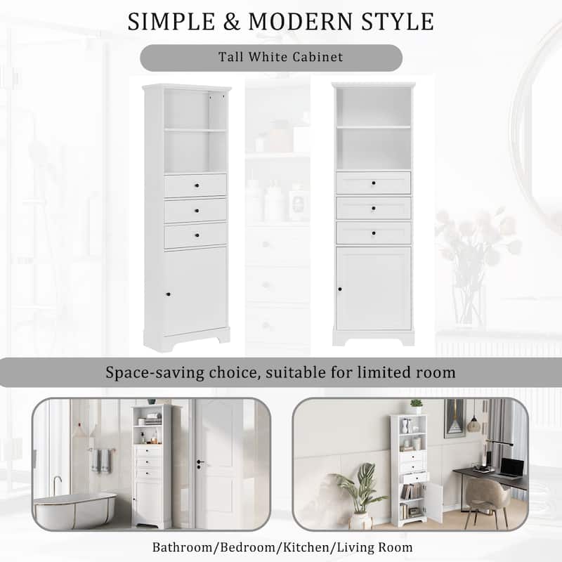 Tall Bathroom Cabinet, Storage Cabinet with Door, 2 Drawers, 3 Open Shelves and Ajustable Shelves for Kitchen Entrance Bedroom
