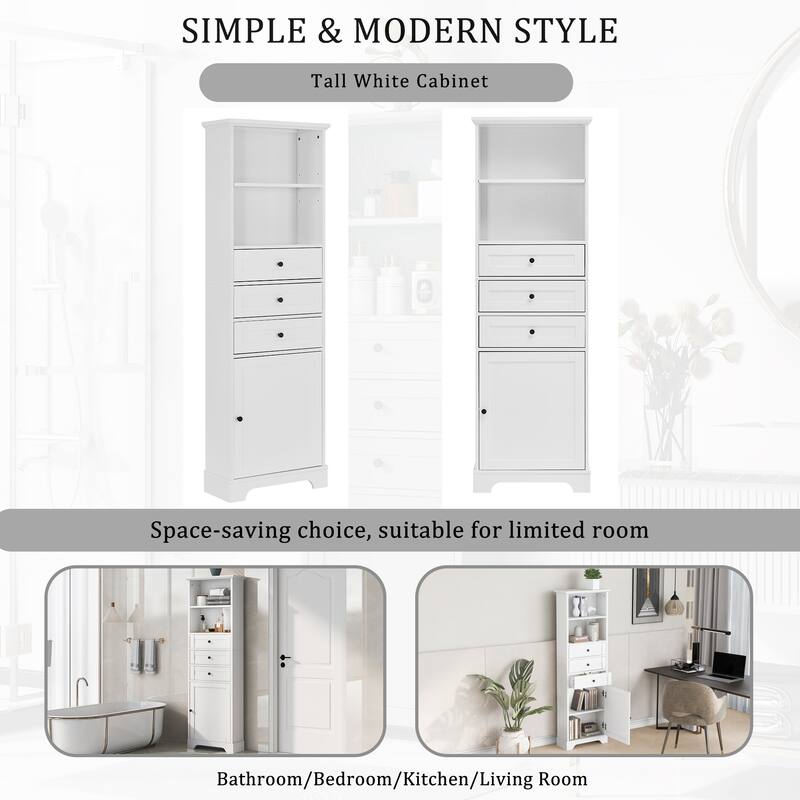 Tall Storage Cabinet with 3 Drawers and Adjustable Shelves for Bathroom, Kitchen and Living Room, MDF Board with Painted Finish