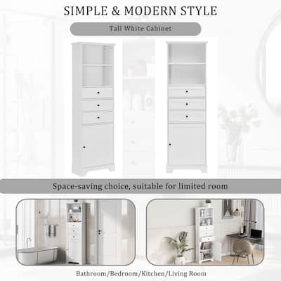 White Tall Storage Cabinet with 3 Drawers, Adjustable Shelves, Open Storage