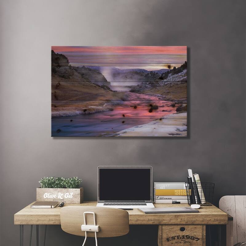 Hot Creek At Sunset, Natural Hot Spring In Mammoth Lakes Region, California Print On Wood by Tim Fitzharris - Multi-Color