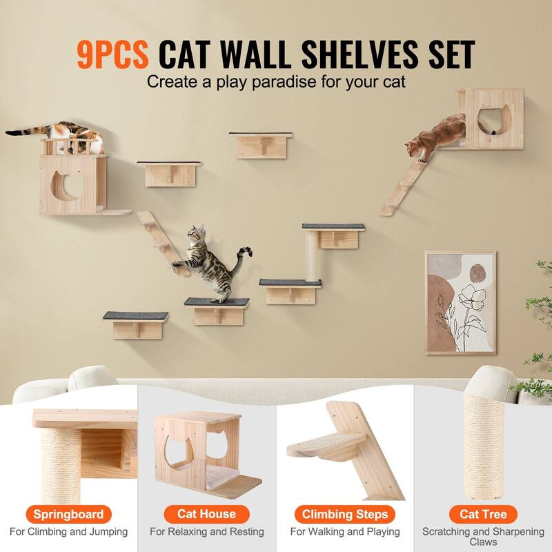 Natural Pine Wood Cat Wall Set with Hammocks, Houses & Stairs