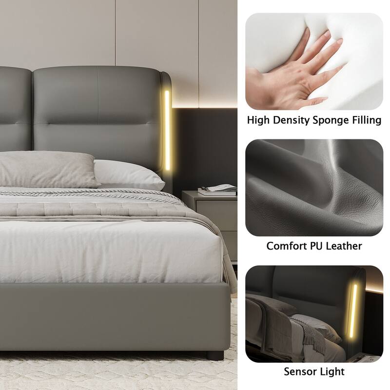 Roomfitters Upholstered Queen Size Hydraulic Platform Bed with Lift Up Storage and Sensor LED Lights,PU Leather Bed Frame