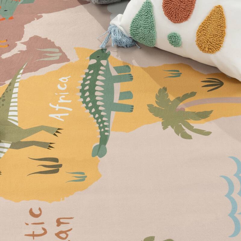 Kids Rug Play Mat with World Map & Dinosaurs in Beige