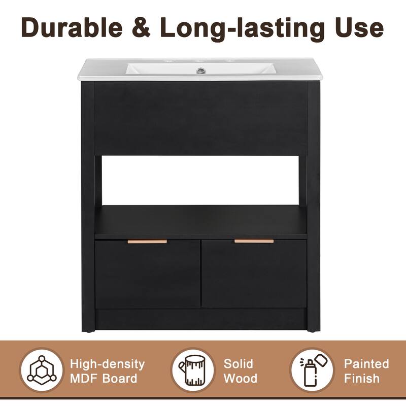 30" Bathroom Vanity with Sink Top, Bathroom Cabinet with Open Storage Shelf and Two Drawers