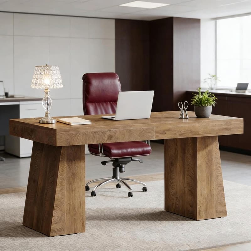 55" Mid-Century Modern Executive Desk with Trapezoid Base for Home Office - Light Brown