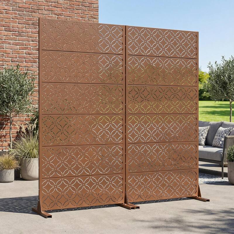 Privacy Metal Screen Fence Panel Horizontal Stripe Pattern Set of 2 - Brown - 72"x35"