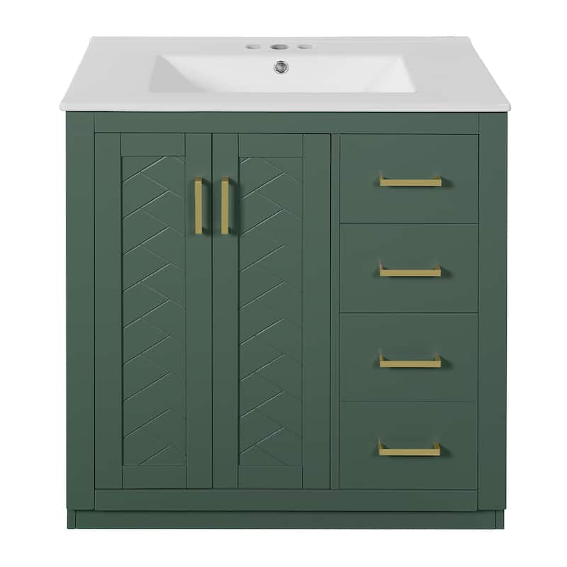 Roomfitters 30" Vanity with Ceramic Sink, Solid Wood Freestanding Cabinet with 3 Drawers and Soft Closing Doors