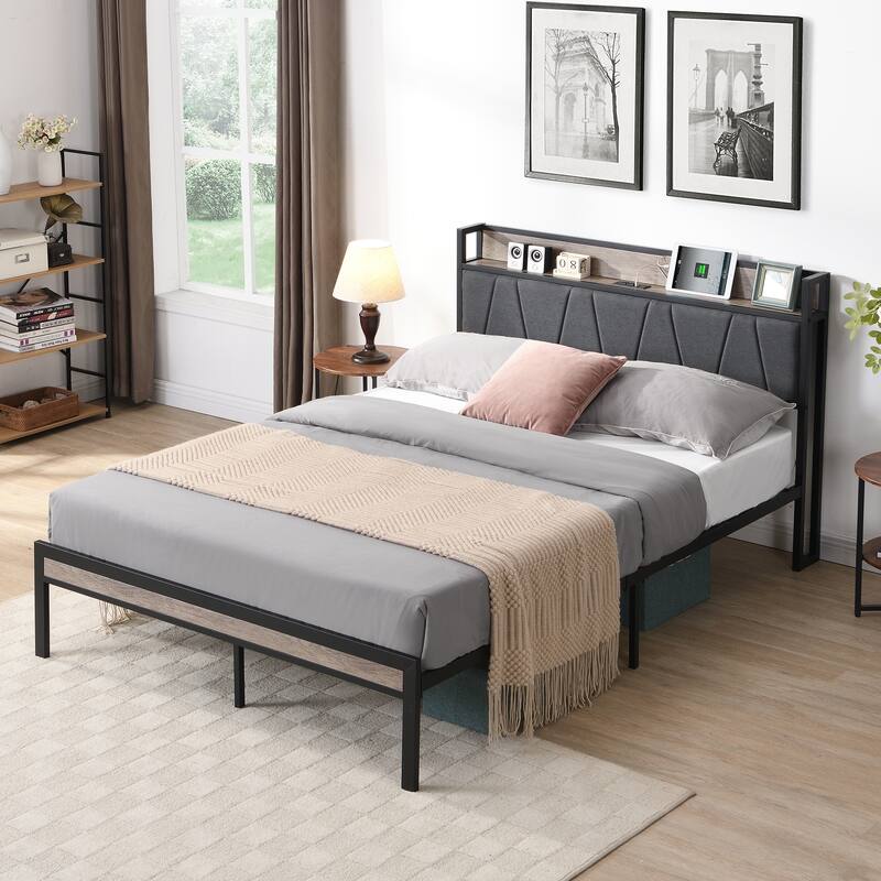 Full Size Bed Frame with USB LINER, Upholstered Headboard with Shelves, Metal Platform Bed with Footboard, No Box Spring Needed - Beige+Black