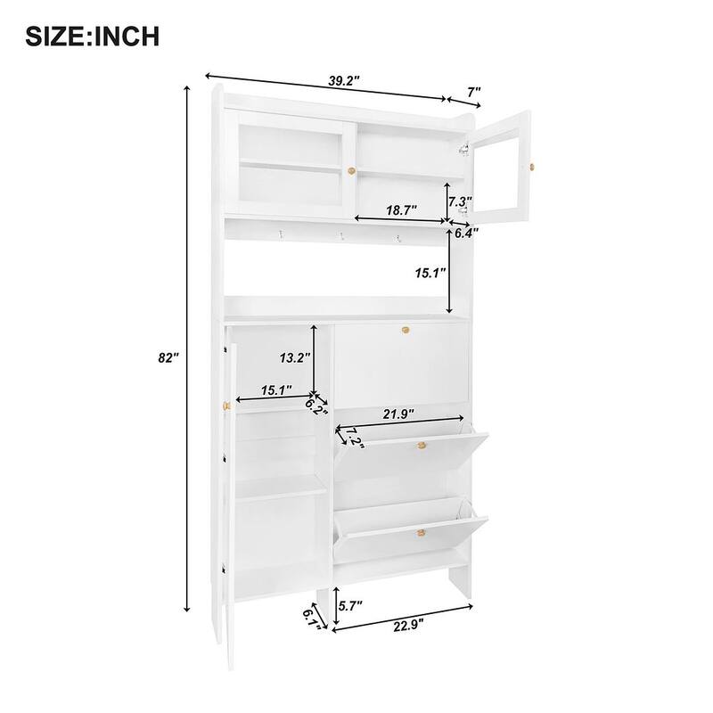 Hall Tree and Shoe Storage Bench with Flip Drawers and Doors