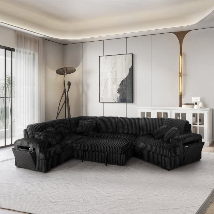 Modern Right Facing Half U-Shaped Pull Out Sectional Sofa with Storage Armrest, USB Port and Pillows