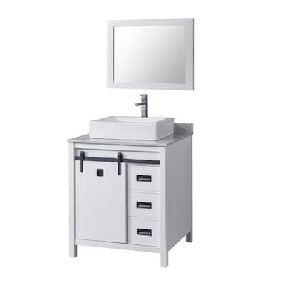 Da Vinci 32 in. Vanity in White with White Carrara Marble Top with white vessel sink and Mirror