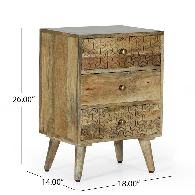 Roomfitters 3-Drawer Carved Wood Bedside Table, Boho Accent Nightstand with Geometric Pattern Fronts, Natural