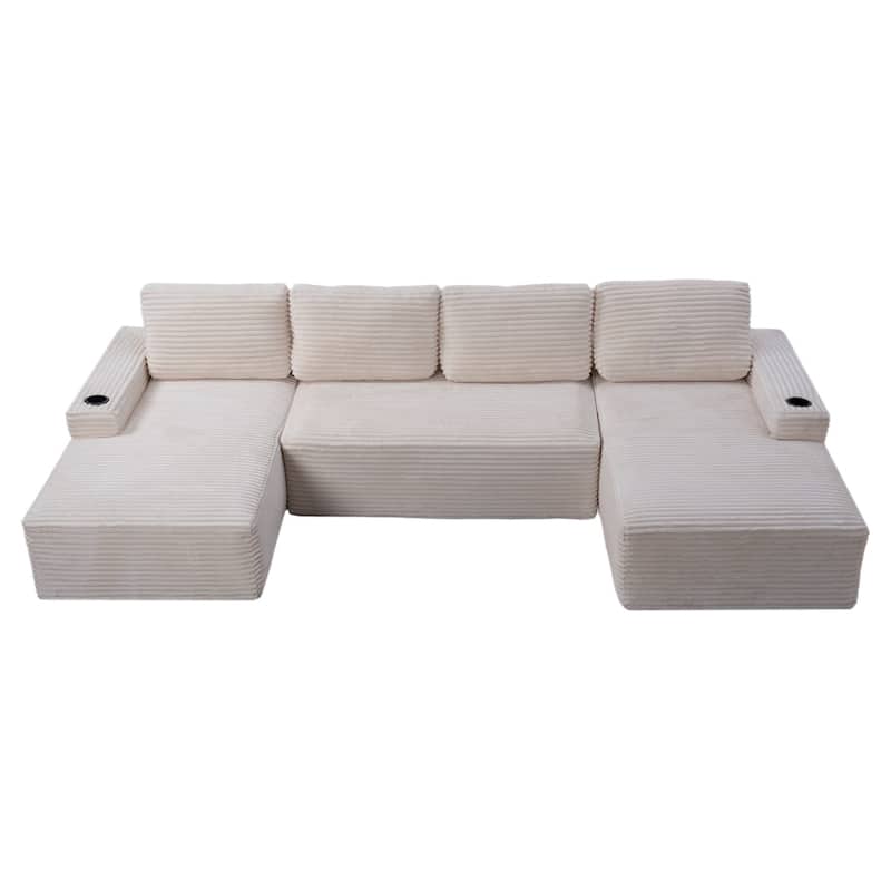 133.4" U-Shaped Corduroy Sectional Sofa with Cup Holders, No Assembly Required - Cream White