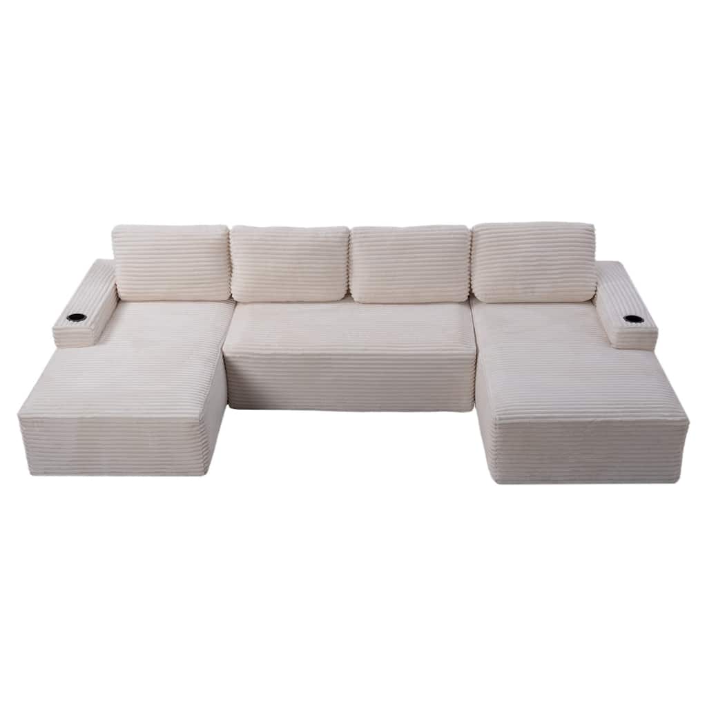 133.4" U-Shaped Corduroy Sectional Sofa with Cup Holders, No Assembly Required