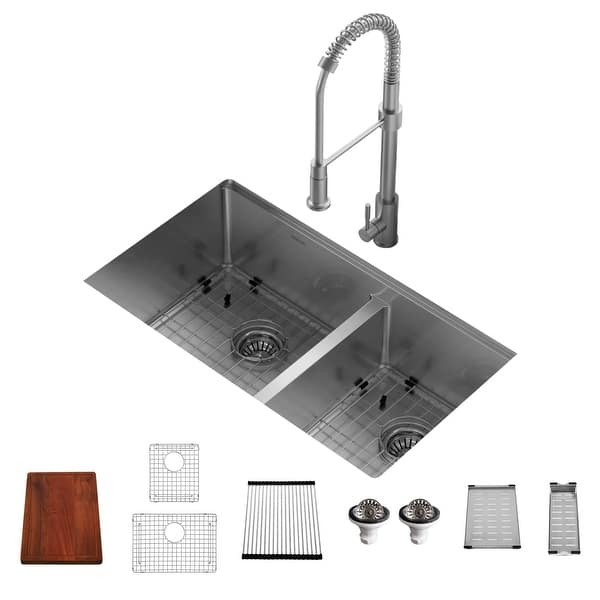 slide 2 of 8, Karran 32" Undermount Double Bowl 60/40 Stainless Steel Workstation Sink