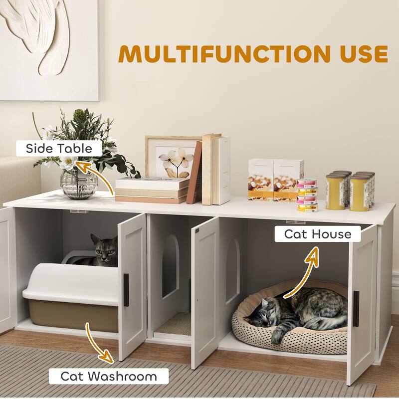 PawHut Cat Litter Box Enclosure for 2 Cats, Hidden Litter Box Furniture with Double Room, Scratching Mat
