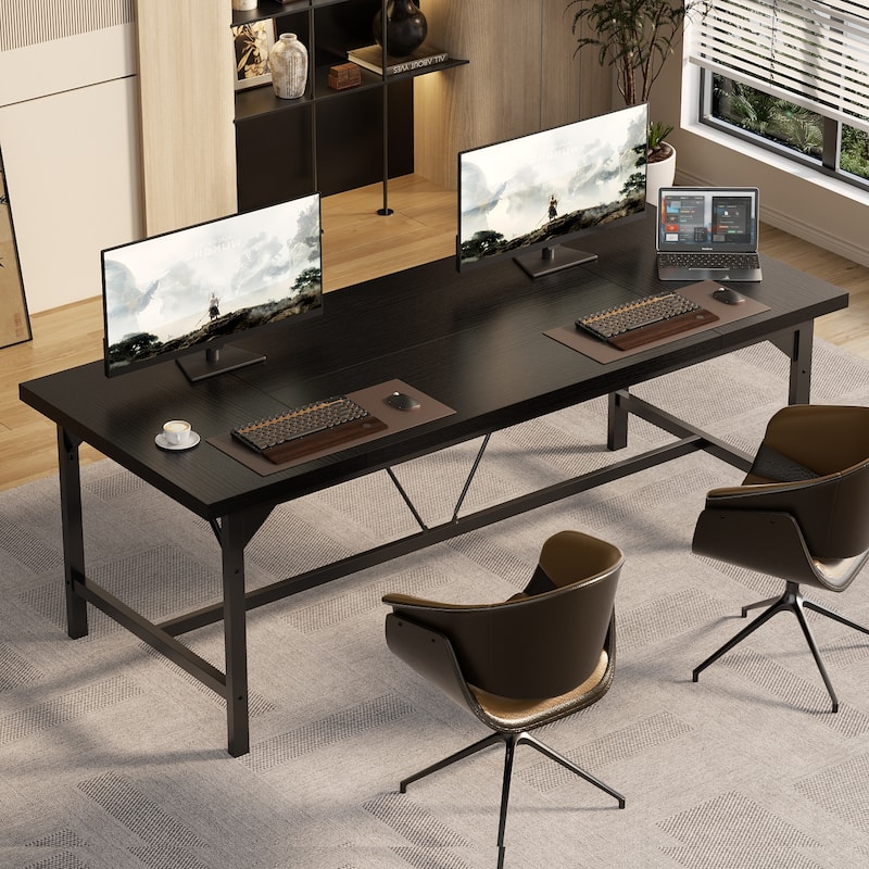 Modern Farmhose 70.8-Inch Executive Desk, Large Computer Office Desk Workstation Conference Table - 63'' - Black