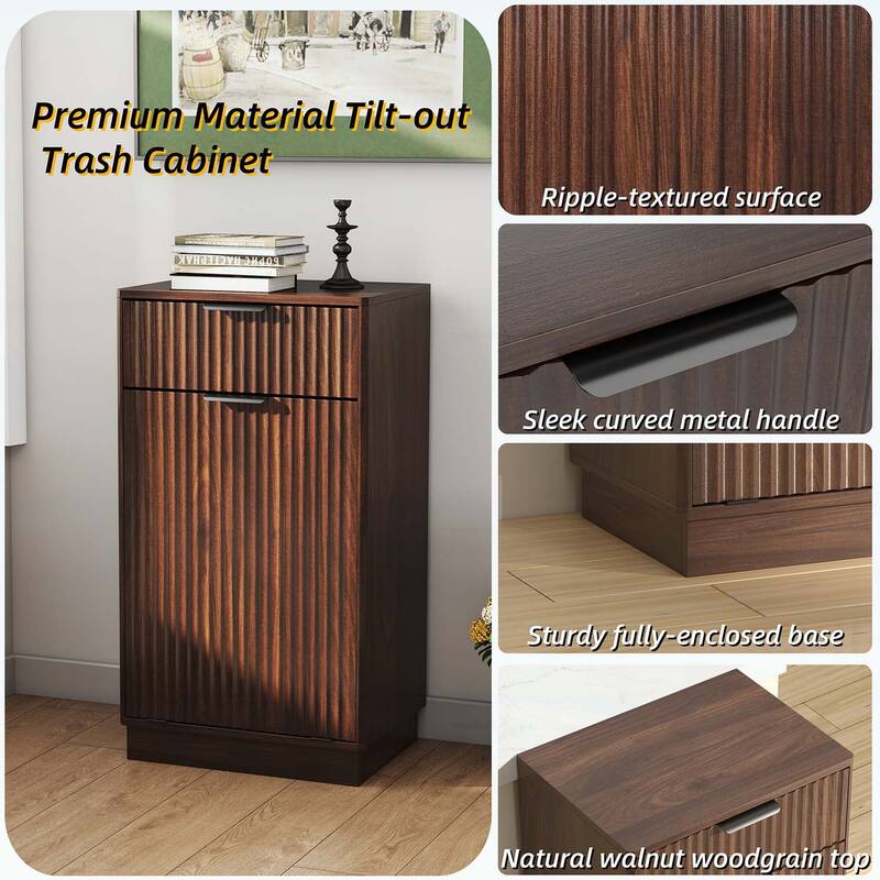 Wood Tilt-Out Trash Can Cabinet with Wave-Textured Hideaway Drawer and Pull-Out Bin,