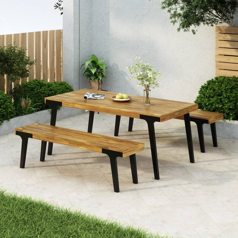 Modern Acacia Wood Dining Set with Table and 2 Slat Panel Benches