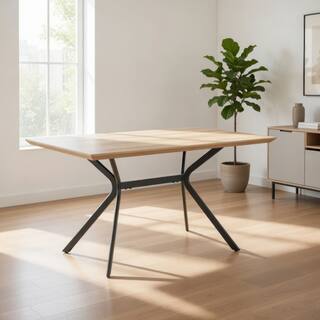 Rima Dining Table, Black Metal Legs, Light Brown Rectangular 53 Inch