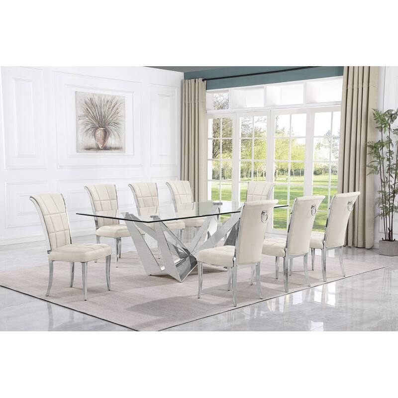 Best Quality Furniture D402/3-SC320-7 Dining Set with 94" 15mm Glass with Bevel - 9-Piece - Cream / Silver