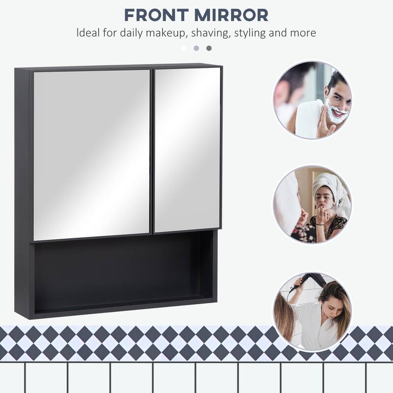 Wall-Mounted Bathroom Medicine Cabinet with Double Doors, 4 Storage Shelves, and Black Stainless Steel Frame - 5.3X23.5 in
