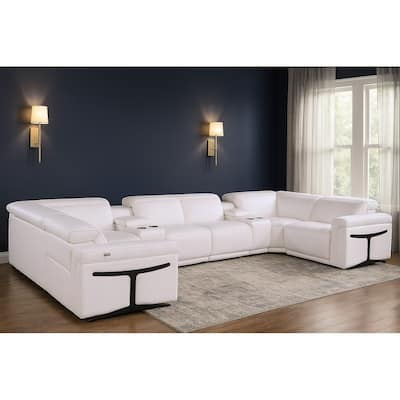 HomeRoots White Italian Leather Power Reclining U Shaped Eight Piece Corner Sectional With Console