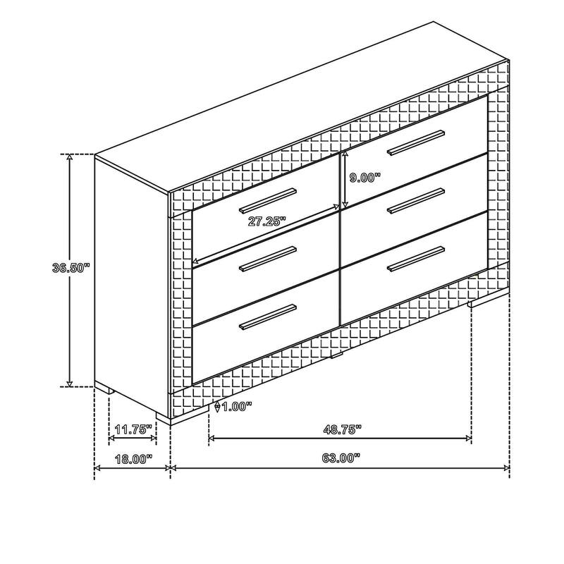 Ivon Wide Dresser, 6 Drawers, Bar Handles, Glossy Gray Solid Hardwood