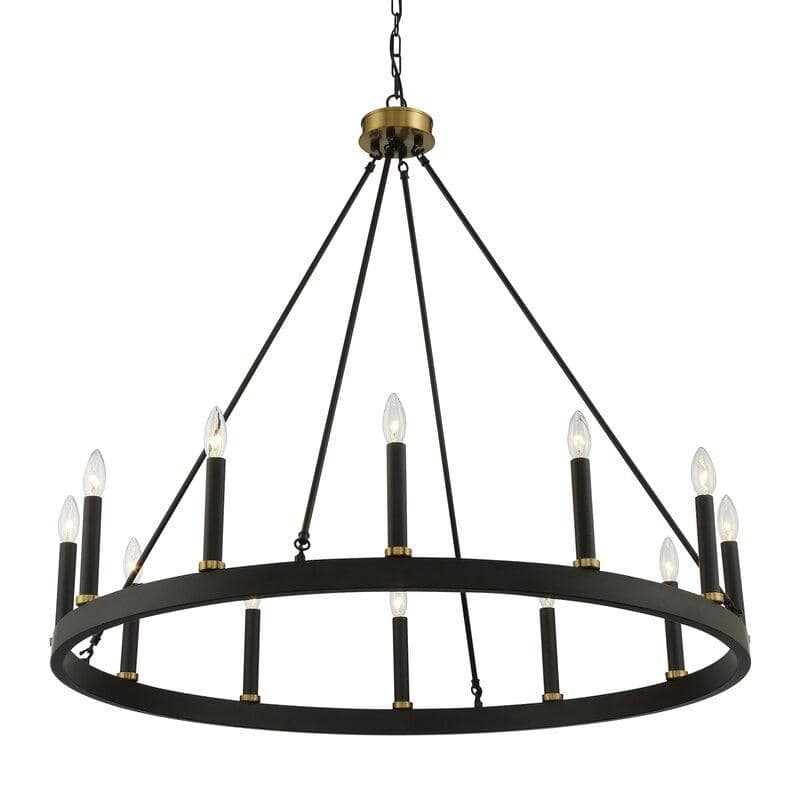 Acroma 12-light 40In Modern Farmhouse Wagon Wheel Chandelier Black/ Gold Candle Lighting - 40'' D