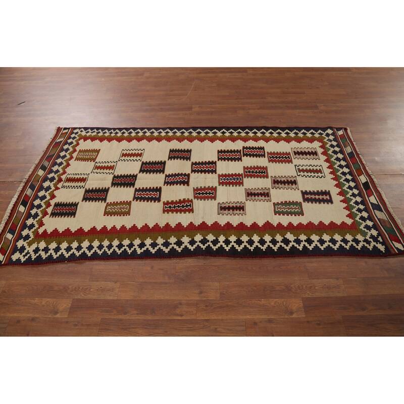 Beige Kilim Qashqai Persian Vintage Rug Hand-Woven Wool Carpet - 3'6"x 6'11"