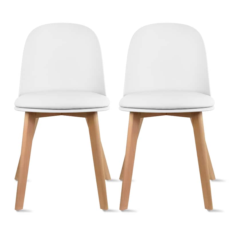 Set of 2 Plastic Dining Chairs Padded Cushion Faux Leather Wooden Legs For Kitchen Waiting Room Outdoor Party - White