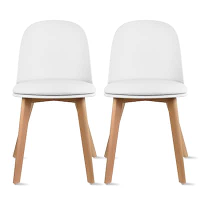 Set of 2 Plastic Dining Chairs Padded Cushion Faux Leather Wooden Legs For Kitchen Waiting Room Outdoor Party