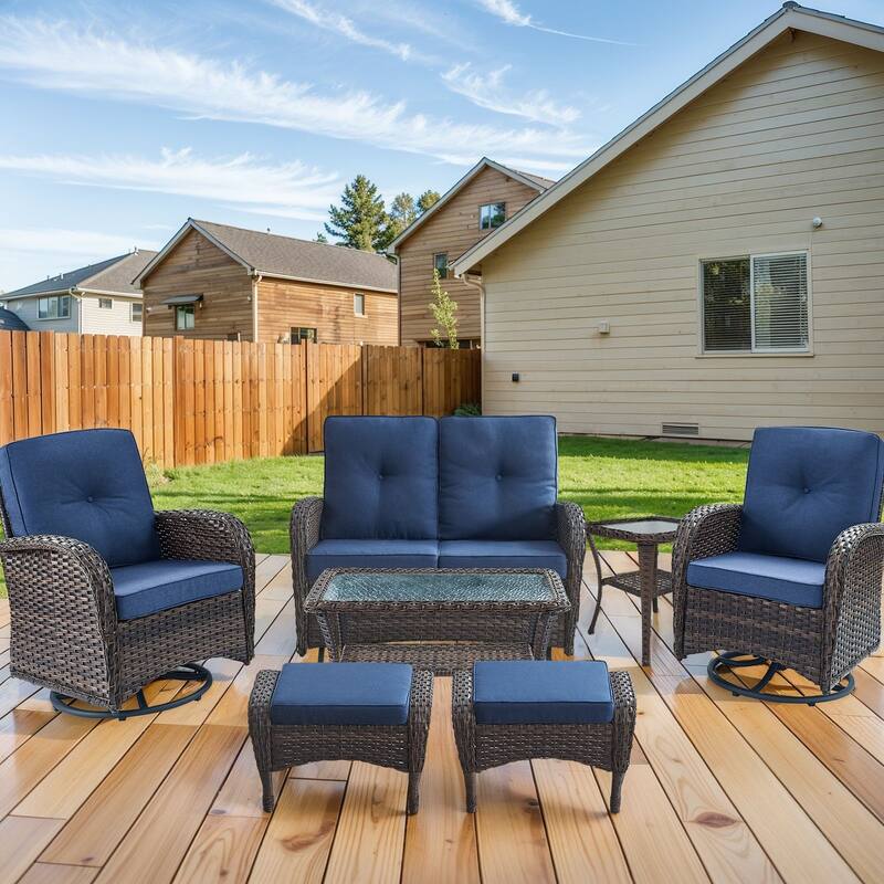 Outdoor Glider Sofa Swivel Chairs Table Ottoamns Brown-Blue - Brown - Brown - Blue