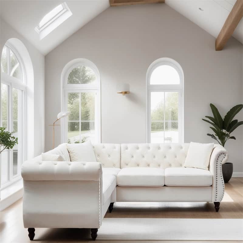5-Seater Velvet L-Shaped Sectional Sofa with 3 Pillows and Wood Frame
