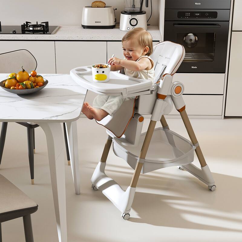 Adjustable Foldable Baby High Chair with Tray and Wheels for 0 6 Years