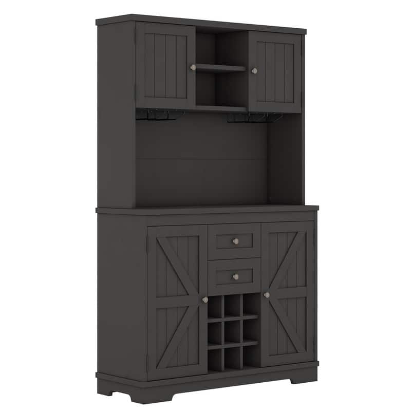 Farmhouse Home Bar Wine Storage Cabinet, Buffet Sideboard Kitchen Pantry with Adjustable Shelves, Drawers & Wine Glass Racks