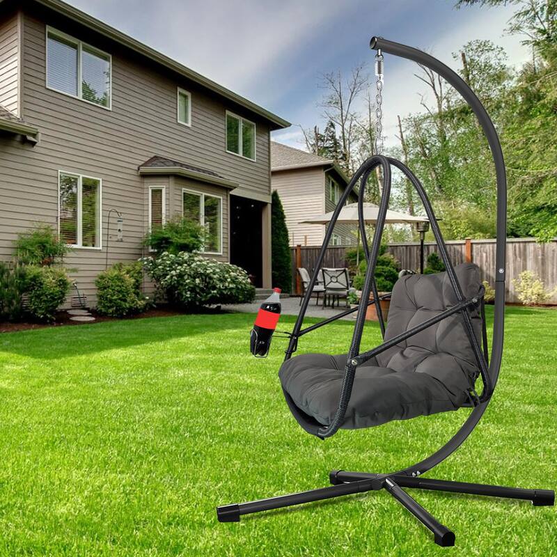Swing Egg Chair with Stand and Cup Holder, Basket Hanging Chair with Cushion & Pillow Patio Wicker Hanging Chair - Brown
