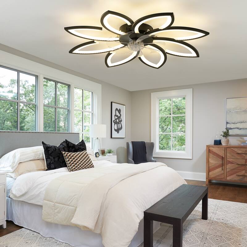 Dimmable 7 Blade Modern Ceiling Fan with Lights and Remote, 6 Speed Reversible Blades Timing for Bedroom