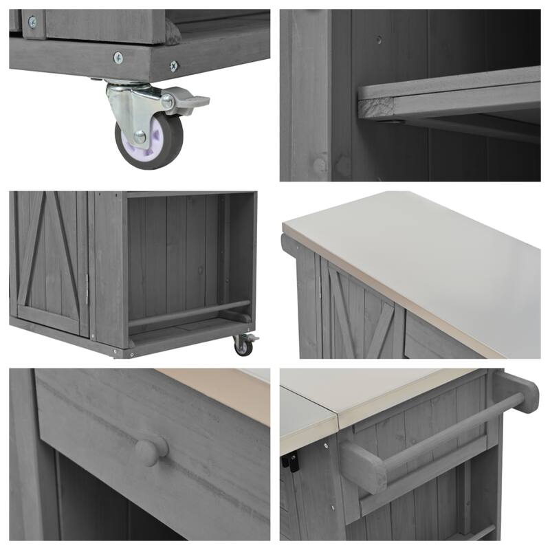 Outdoor Wood Kitchen Island w/ Stainless Steel Top,Towel,Bottle Opener