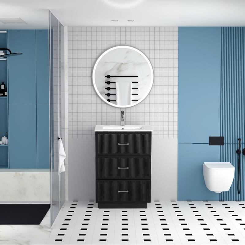 30" Freestanding Bathroom Vanity with Ceramic Sink and 2 Storage Drawers, Stylish Gray Floor Cabinet