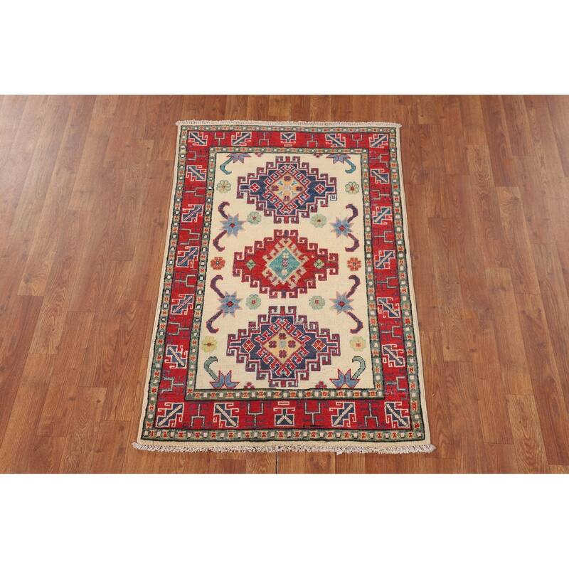 Ivory Geometric Kazak Foyer Rug Hand-Knotted Wool Carpet - 2'9" x 4'2"