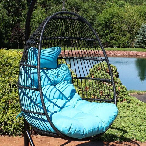 Sunnydaze Julia Hanging Egg Chair with Blue Cushions - 44 Inches Tall