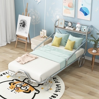 Twin Size Metal Car Bed with Four Wheels, Guardrails and X-Shaped Frame Shelf