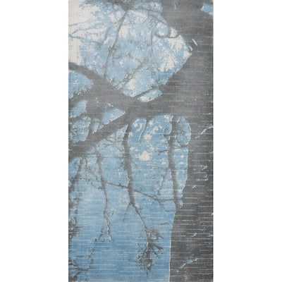 Hand Knotted Oriental Viscose Silk Carpet Modern Abstract Navy Blue & Blues Abstract Runner Rug - 4' 7'' X 2' 4''